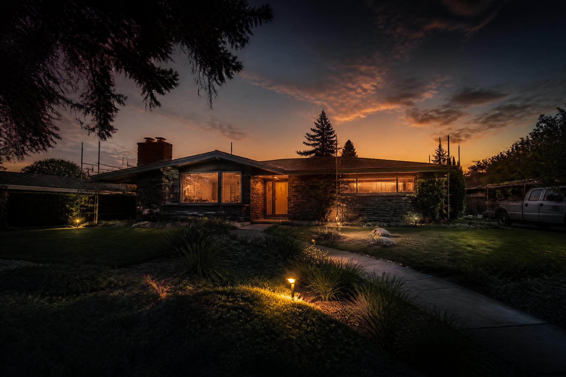Renovated Sacramento home lit at dusk during the final reveal