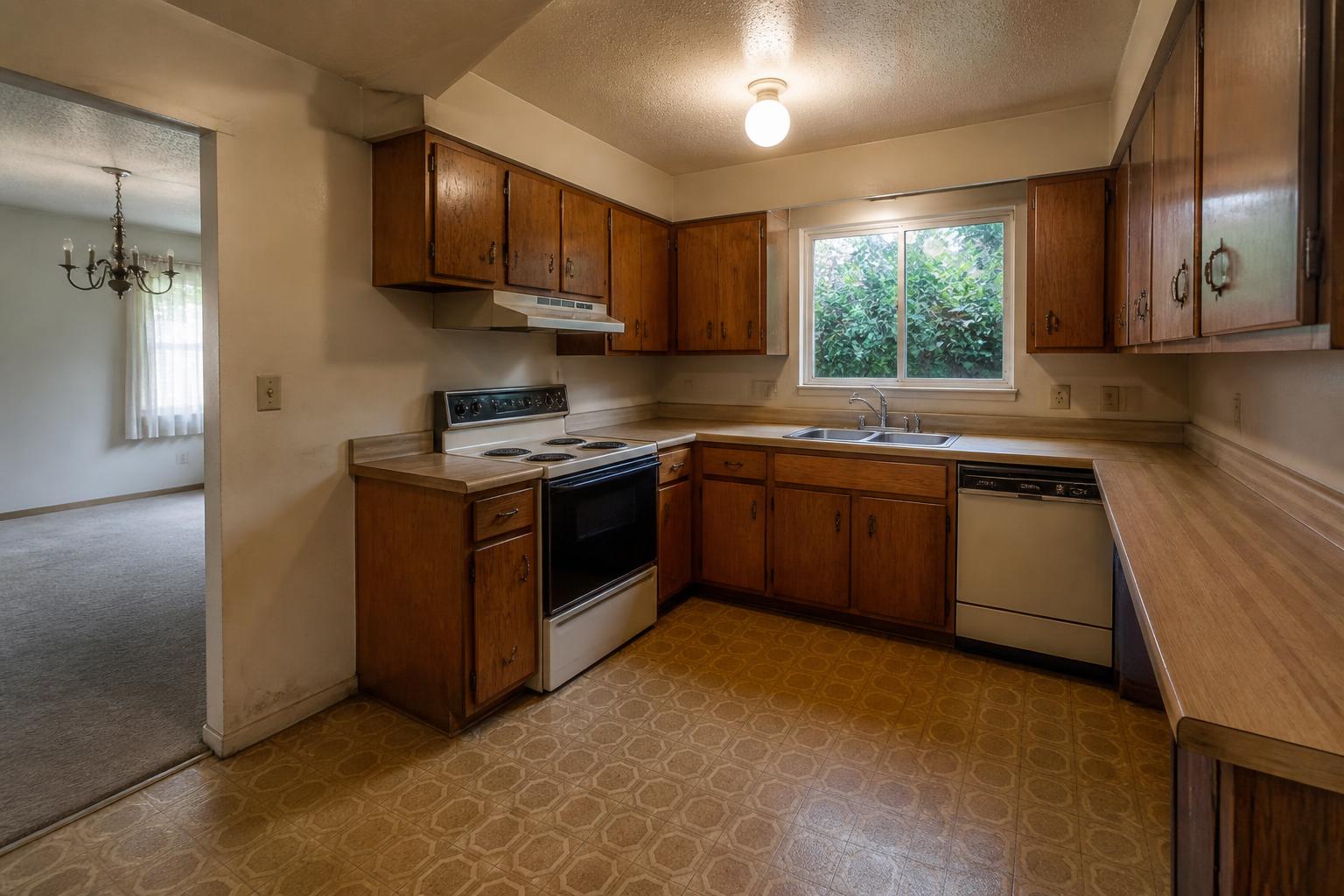 Dated kitchen with worn oak cabinets before the Sacramento renovation